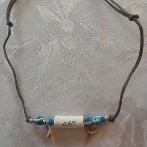 Glass Bead Shark Tooth "Sam" Felt Necklace 20" Beach Surf Jewelry Fossil Pendant